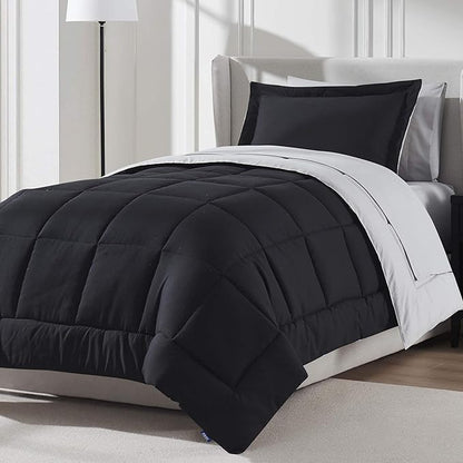 Nestl 5 Piece Twin XL Comforter Set – Black Reversible Bed in a Bag – Complete Twin XL Size Bedding Set with Sheets, Pillowcase and Sham