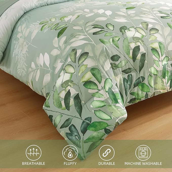 Anibedding Sage Green Queen Comforter Set, 7 Piece Botanical Gradient Leaves Ultra Soft Microfiber Down Alternative Bedding Set with Sheets and Bedroom for All Season