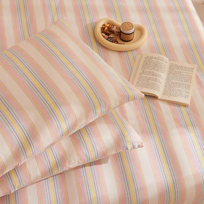 HighBuy Striped Comforter Set King Modern Pink Yellow Striped Comforter Set 3 Pieces Soft Fluffy Stripes Pattern Comforter with 2 Pillowcases Farmhouse Bedding Set King for Women Men