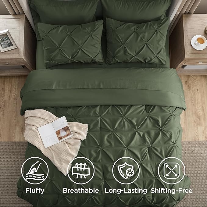 Bedsure Full Comforter Set Olive Green - Bed in a Bag Full Size Bedding Set 7 Pieces, GentleSoft™ Pintuck Bed Set Gift for Family, Pinch Pleat All Season Comforter with Sheets, Pillowcases & Shams