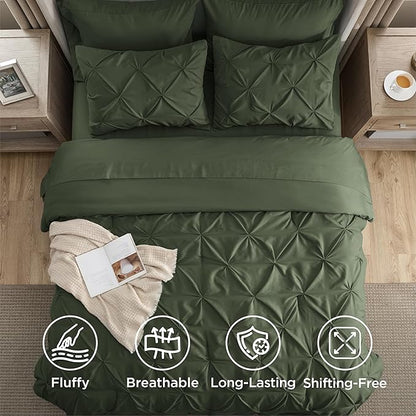 Bedsure Full Comforter Set Olive Green - Bed in a Bag Full Size Bedding Set 7 Pieces, GentleSoft™ Pintuck Bed Set Gift for Family, Pinch Pleat All Season Comforter with Sheets, Pillowcases & Shams