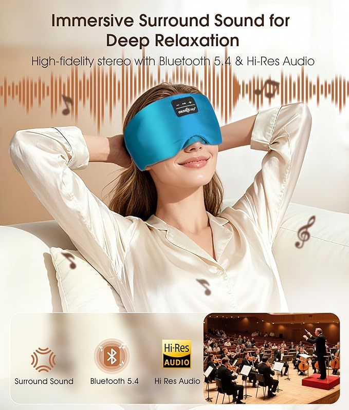 MUSICOZY 3D Silk Bluetooth Sleep Mask Headphones, Mulberry Silk Eye Mask with Ultra-Thin Wireless Speakers, Bluetooth 5.4 Sleeping Headphones for Side Sleepers, Music Sleep Mask Gifts for Men Women