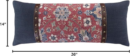 HiEnd Accents Washed Linen Melinda Lumbar Floral Pillow, 14x36 inch, Navy Blue and Red, Medallion Classic Western Rustic Lodge Bedding, Decorative Throw Pillow