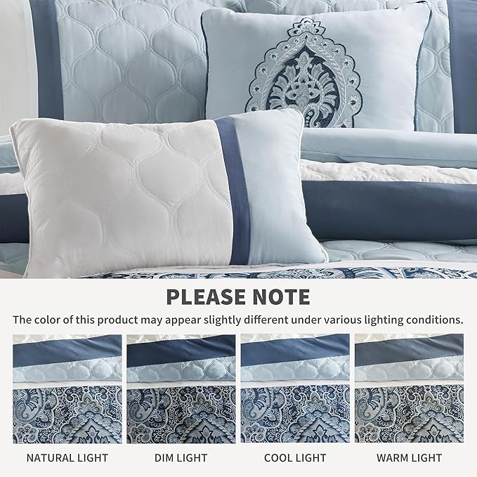 510 DESIGN Luxe Quilted Comforter Set Modern Transitional Design, All Season Down Alternative Warm Bedding Matching Shams, Bedskirt, Decorative Pillow, Cal King, Shawnee Scrollwork Blue