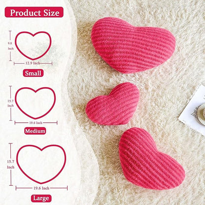 Hot Pink Heart Pillows, 19.6" Cute Heart Decorative Pillow, Stripe Heart Shaped Plush Throw Pillows for Bed