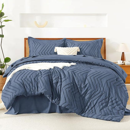 Litanika Twin XL Comforter Set Ocean Blue - Boho Tufted Shabby Chic Bed in a Bag for College Dorm, 5 Pieces Fluffy Soft Farmhouse Bed Set for All Seasons