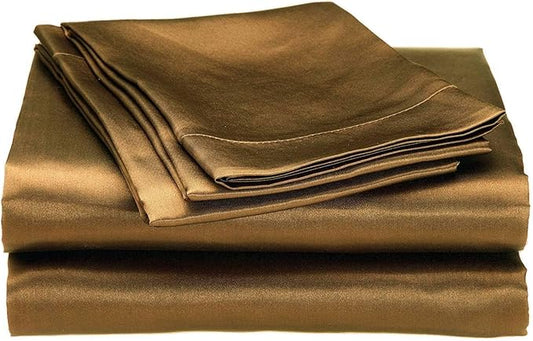 100% Pure Silk Satin Sheet Set 4pcs, Silk Fitted Sheet 15" Deep Pocket Mattress fit,Silk Flat Sheet&Silk Pillowcases Set Cool Soft Silk Sheets|Wrinkle Free Fade Resistant Twin Brown