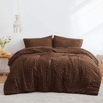 Love's cabin Seersucker Brown King Size Comforter Set, 7-Piece All Season Lightweight Bed in a Bag Bedding Set with Comforter, Flat Sheet, Fitted Sheet, Pillowcases and Shams | Soft, Breathable, Lightweight