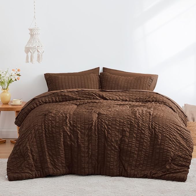 Love's cabin Seersucker Brown Full Comforter Set, 7-Piece All Season Lightweight Bed in a Bag Bedding Set with Comforter, Flat Sheet, Fitted Sheet, Pillowcases and Shams | Soft, Breathable, Lightweight