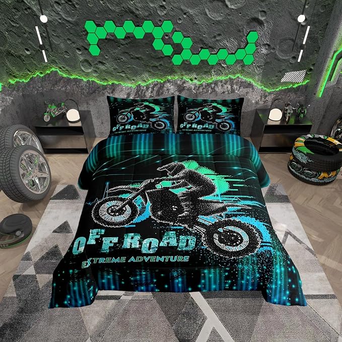 Feelyou Dirt Bike Comforter Set Toddler Size Extreme Sports Comforter Racing Motocross Rider Bedding Set Motorcycle Duvet Set Room Decor Blue Green Quilt Set