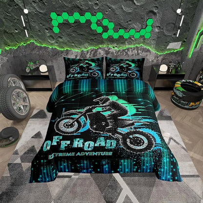 Feelyou Dirt Bike Comforter Set Toddler Size Extreme Sports Comforter Racing Motocross Rider Bedding Set Motorcycle Duvet Set Room Decor Blue Green Quilt Set