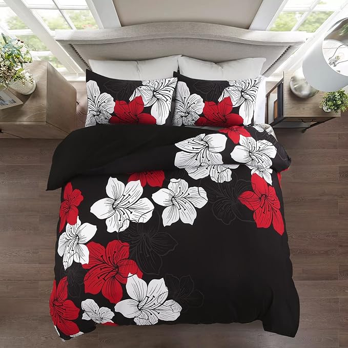 Menghomeus Black Red Comforter Set California King Colorful Floral Comforter Modern Cal King Bedding Sets with 2 Pillowcases Lightweight Boho Bed Set for All Season