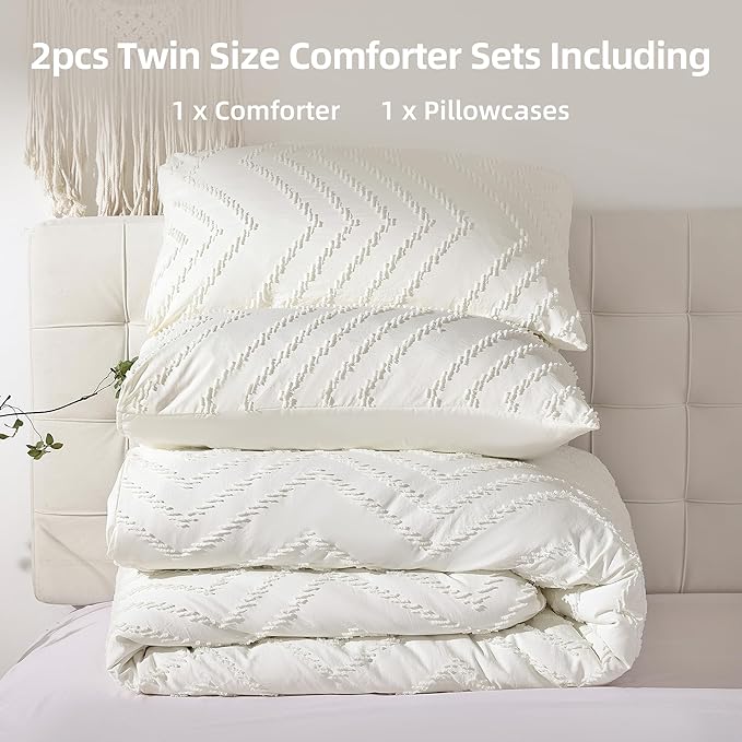 YIRDDEO Ivory White Twin Size Comforter Set 2Pcs, Boho Farmhouse Twin Size Bedding Set, Vertical Tufted Twin Bed Set, Lightweight Neutral Bedroom Set (1 Comforter 1 Pillowcase)