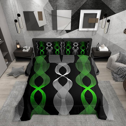 Erosebridal Green and Black Abstract Comforter Set Queen, Green Striped Bedding Set, Contemporary Boho Modern Art Comforter, Gradient Geometric Stripes Aesthetic Line Quilt for Men Adults Bedroom