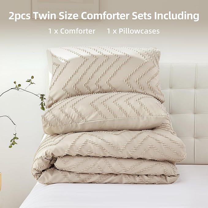 YIRDDEO Taupe Twin Comforter Set 2Pc, Boho Farmhouse Twinedding Set - Vertical Tufted Neutral Set with 1 Comforter 1 Pillowcase