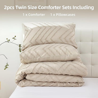 YIRDDEO Taupe Twin Comforter Set 2Pc, Boho Farmhouse Twinedding Set - Vertical Tufted Neutral Set with 1 Comforter 1 Pillowcase