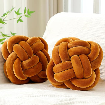 2 Pcs Knot Pillow Balls Set, 12 Inch Soft Decorative Throw Knot Pillow Ball, Large Square Knotted Floor Cushion for Living Room Bedroom Sofa Couch Bed Home Decoration(Caramel Brown)