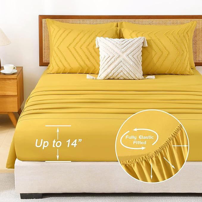 Litanika King Size Comforter Set with Sheets Mustard Yellow - 7 Pieces Bed in a Bag King Chevron Tufted Complete Bedding Sets with Comforter, Sheets, Pillowcases & Shams