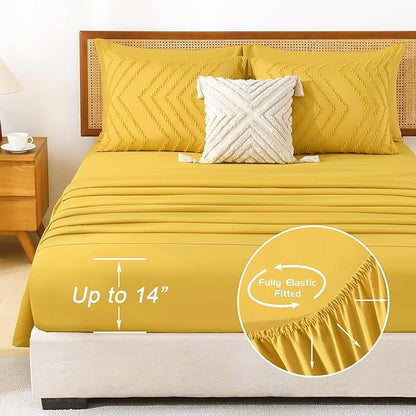 Litanika King Size Comforter Set with Sheets Mustard Yellow - 7 Pieces Bed in a Bag King Chevron Tufted Complete Bedding Sets with Comforter, Sheets, Pillowcases & Shams
