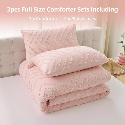 YIRDDEO Pink Full Comforter Set 3Pcs, Boho Blush Full Size Bedding Set, Vertical Tufted Bed Set, Lightweight Neutral Bedroom Set (1 Comforter 2 Pillowcase)