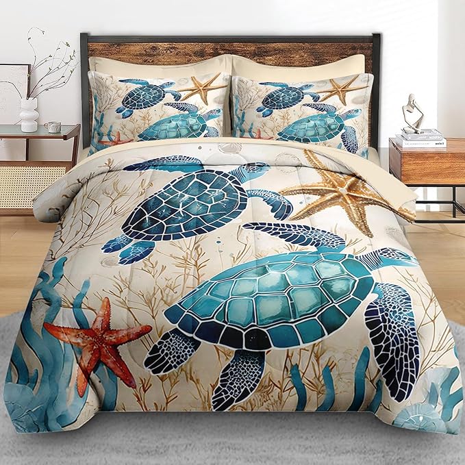 Comforter Set King Size, Ocean Coral Sea Turtle 7 Pcs Bedding for Kids and Adults, Blue Shell Animal Bed Sheet Sets with Fitted Sheet 2 Pillowcases & 2 Shams for Bedroom Bed Decor