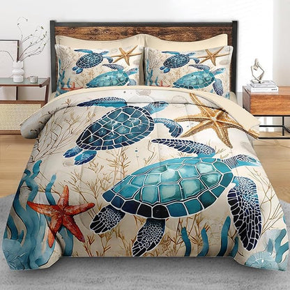 Comforter Set King Size, Ocean Coral Sea Turtle 7 Pcs Bedding for Kids and Adults, Blue Shell Animal Bed Sheet Sets with Fitted Sheet 2 Pillowcases & 2 Shams for Bedroom Bed Decor