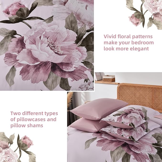 Dobuyly Pink King Size Comforter Set 7 Piece Bed in a Bag, Blush Floral Printed on Light Pink Comforter Set with Sheets, Soft Microfiber Botanical Flower Bedding Set for All Season