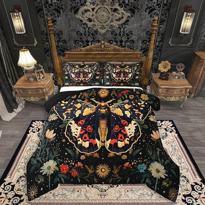 Erosebridal Halloween Boho Moth Bedding Set Full, Gothic Nature Comforter Set Boho Exotic Vintage Floral Black Comforter for Kids Teens Youth Women Men Bedroom, Starry Sky Quilt with 2 Pillow Cases