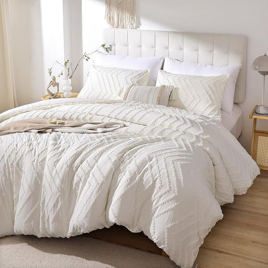 YIRDDEO Ivory White King Comforter Set, Boho Farmhouse Bedding Set, Vertical Tufted Bed Set, Lightweight Neutral Bedroom Set (1 Comforter 2 Pillowcase)
