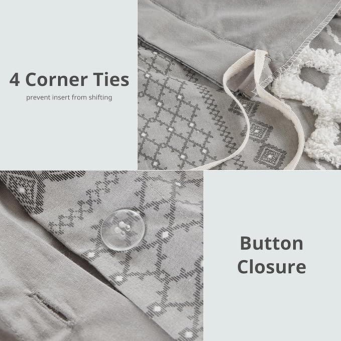 INK+IVY Imani 100% Cotton Duvet Mid Century Modern Design, All Season Comforter Cover Bedding Set, Matching Shams, King/Cal King, Gray Chenille Tufted Accent 3 Piece