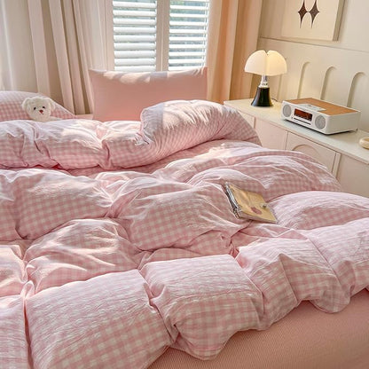 mixinni Gingham Comforter Set Full Size - 3 Piece Light Pink Plaid Farmhouse Bedding, Soft Washed Cotton All-Season Comforter & Pillow Shams, Grid Pattern Classic Style for Boys Girls
