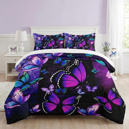 Comforter Set Queen Size with 2 Pillowcases, Summer Tropical Purple Butterfly 3 Pcs Bedding for Kids and Adults, Vintage Spring Galaxy Space Soft Comforter Set for Bedroom Bed Decor