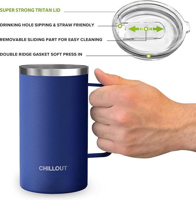 CHILLOUT LIFE Stainless Steel Vacuum Insulated Coffee Mug 20 oz (Set of 2) with Handle and Lid, Large Thermal Camping Coffee Mugs with Sliding Lid for Men & Women, Keeps Your Beverages Hot & Cold