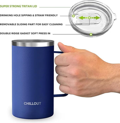 CHILLOUT LIFE Stainless Steel Vacuum Insulated Coffee Mug 20 oz (Set of 2) with Handle and Lid, Large Thermal Camping Coffee Mugs with Sliding Lid for Men & Women, Keeps Your Beverages Hot & Cold