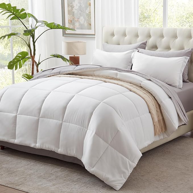 Anluoer King Size Bed in a Bag 7 Pieces, White Comforter Set with Sheets, All Season Bedding Sets with 1 Comforter, 2 Pillow Shams, 2 Pillowcases, 1 Flat Sheet, 1 Fitted Sheet