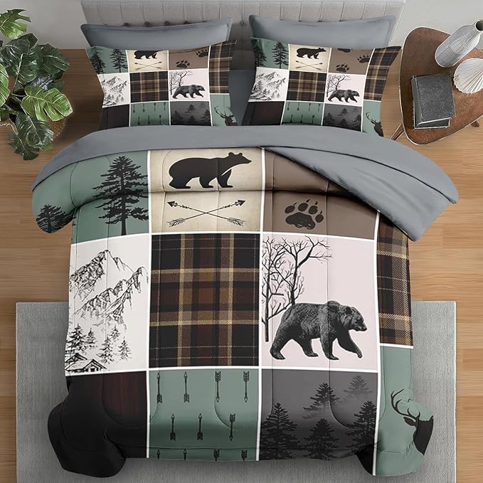 7 Pcs Comforter Set King Size, Wildlife Hunting Deer Bedding Set for Kids and Adults, Vintage Winter Animal Bear Plaid Bed Sheet Sets with Fitted Sheet 2 Pillowcases & 2 Shams