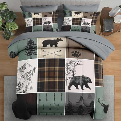 7 Pcs Comforter Set King Size, Wildlife Hunting Deer Bedding Set for Kids and Adults, Vintage Winter Animal Bear Plaid Bed Sheet Sets with Fitted Sheet 2 Pillowcases & 2 Shams