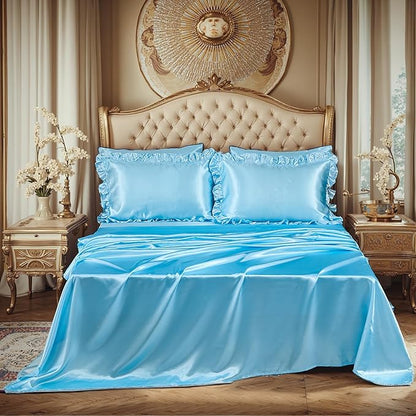 Silky Comforter Set with Sheet Set King 8 Pcs Baby Blue Bed in a Bag Light Blue Bedding Set Silk Like Satin Ruffle Pattern Home Deocr Sexy Hotel Silky Bed Set with 1 Cushion Cover