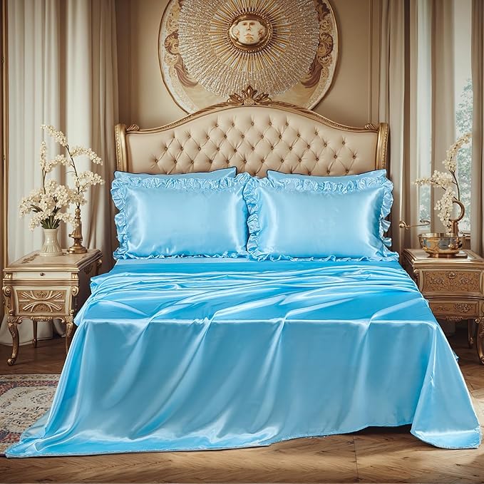 Silky Comforter Set with Sheet Set Queen 8 Pcs Baby Blue Bed in a Bag Light Blue Bedding Set Silk Like Satin Ruffle Pattern Home Deocr Sexy Hotel Silky Bed Set with 1 Cushion Cover