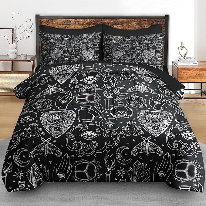 Comforter Set Queen Size, Medieval Retro Halloween 7 Pcs Bedding for Kids and Adults, Gothic Vintage Bed Sheet Sets with Fitted Sheet 2 Pillowcases & 2 Shams for Bedroom Bed Decor
