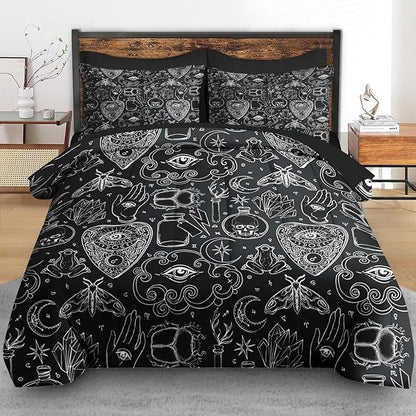Comforter Set Queen Size, Medieval Retro Halloween 7 Pcs Bedding for Kids and Adults, Gothic Vintage Bed Sheet Sets with Fitted Sheet 2 Pillowcases & 2 Shams for Bedroom Bed Decor