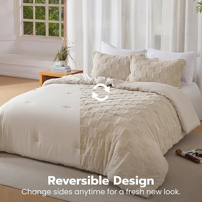 Joiedomi Tufted King Size Comforter Set, 3 Pieces Beige Boho King Bedding Set with 1 Plaid Geometric Comforter and 2 Pillow Shams, Checkered Bed in a Bag for All Seasons