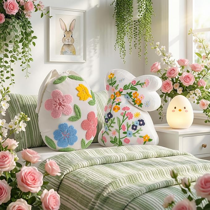 Lanpn Easter Bunny Egg Shaped Throw Pillows Set of 2, Floral Embroidered Rabbit Decorative Cushions for Sofa Couch Bedroom Spring Holiday Home Decor (White)