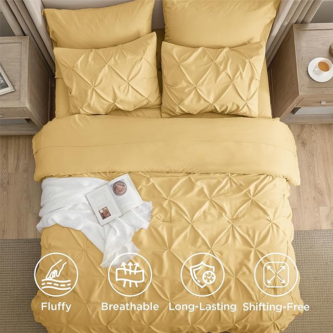 Bedsure Queen Comforter Set Yellow - Bed in a Bag Queen 7 Pieces, Pintuck Bedding Sets Gift for Christmas, Pinch Pleat Bed Set with Queen Size Comforter, Sheets, Pillowcases & Shams