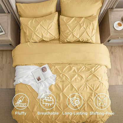Bedsure Full Comforter Set Yellow - Bed in a Bag Full Size 7 Pieces, GentleSoft™ Pintuck Bed Set Gift for Family, Pinch Pleat Yellow Comforter with Sheets, Pillowcases & Shams