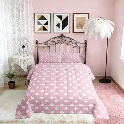 Manfei Polka Dots Comforter Set Full Size,Cartoon French Style Princess Pink White Bedding Set 3 Pcs for Teens Young,Modern Geometric Circles Abstract Simple Art Comforter,2 Pillowcases