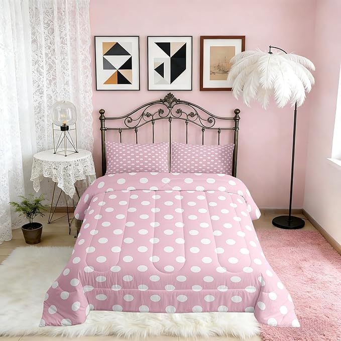 Manfei Polka Dots Comforter Set King Size,Cartoon French Style Princess Pink White Bedding Set 3 Pcs for Women,Modern Geometric Circles Abstract Simple Art Comforter,2 Pillowcases