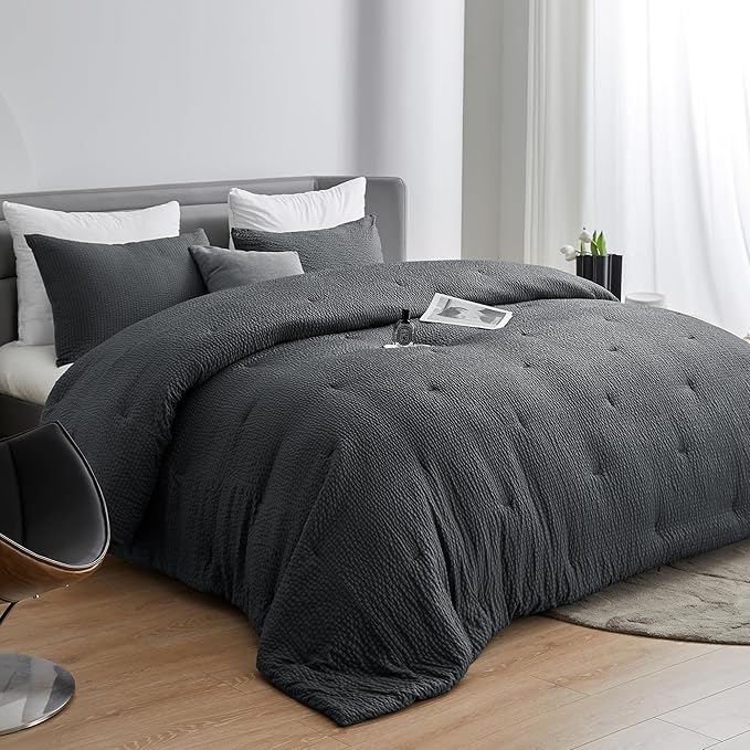 HOMBYS 3 Piece Seersucker Oversized King Comforter Set 128x128, Breathable Grey Soft Comforter Set, Lightweight Bedding Comforter Sets with Comforter for All Season