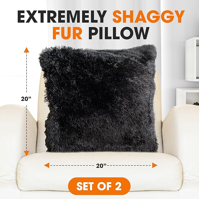 Cheer Collection Throw Pillows for Couch and Bed, Soft Shaggy Throw Pillows with Inserts Included, Cozy Long Hair Faux Fur Pillows - Set of 2-20" x 20" - Black