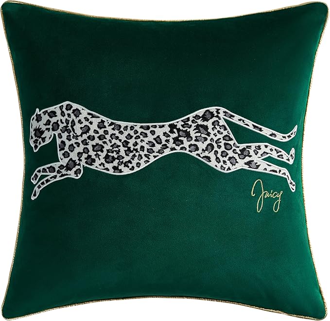 Juicy Couture Reversible Velvet Cheetah Pillow, 18" x 18" Decorative Pillow, Emerald Green